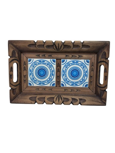 Mexikanische handgeschnitzte Holz Keramik Kunst Fliese Volkskunst Serviertablett Boho MCM Vintage