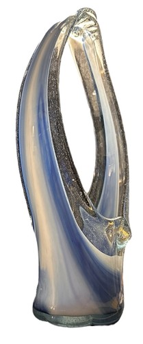 Vintage MCM mundgeblasene gestreckte Kunst Glas Korb Vase Murano Stil in Blau 11" - Bild 1 von 9