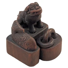 Antique Japanese Wood Netsuke 3 Seals ShiShi Fish ex Framingham History Center