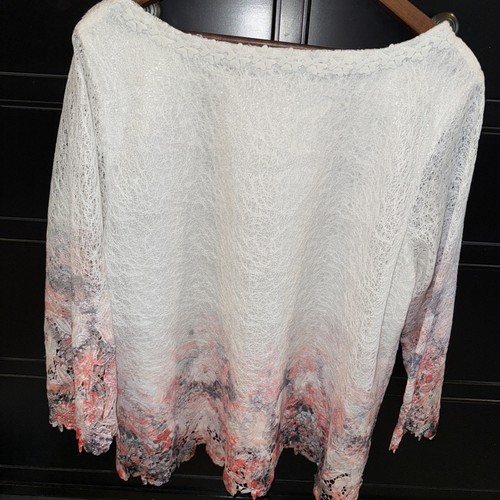 Damee, Inc. Top weiß rosa Blumen Spitze Ösen 3/4 Arm XL gefüttert - Bild 6 von 8