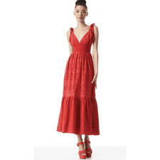 Alice + Olivia Bright Poppy Red Levine Eyelet Tie Strap Midi Dress Size 6