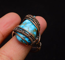 Turquoise Gemstone Copper Wire Wrapped Handmade Jewelry Ring Size 10