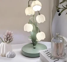 Green Lily Flower Table Lamp, 5-Light Vintage Bedside Lamp with G4 Bulbs