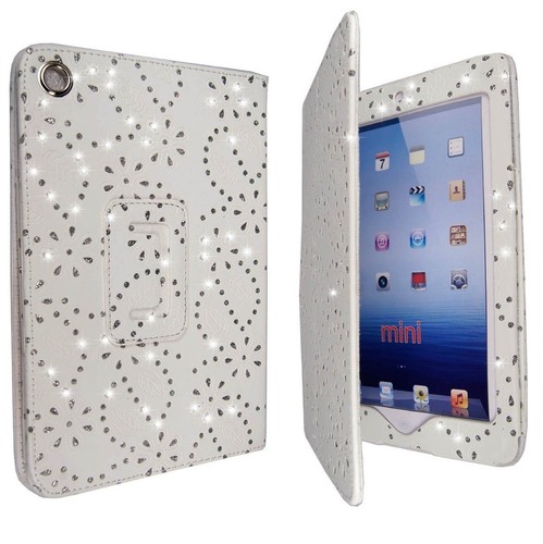 CASE FOR APPLE IPAD MINI WHITE DIAMOND BLING GLITTER PRINT PU LEATHER COVER  - Picture 1 of 4