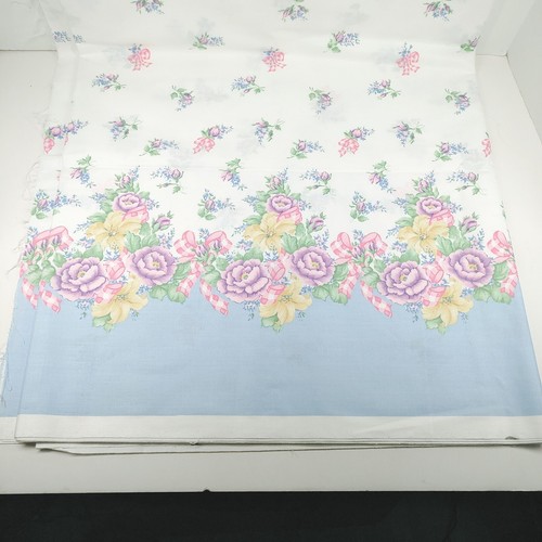 Vintage Percale Border Print Fabric Blue with Pink Yellow Flowers 4 Yds 45" Wide - 第 1/11 張圖片