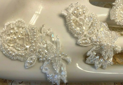applique embroidered beads 1.5x2.25" pearls flower leaves bridal white 1pc - Picture 2 of 5