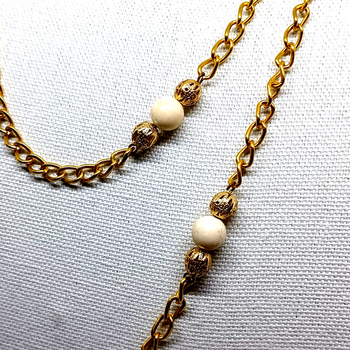 Collana Tono Oro Filigrana Perline Lungo Crema Stazione Maglione 56 Pollici Vintage - Foto 13 di 19