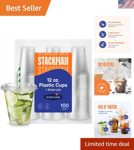 12 oz Crystal Clear PET Cups with Straw-Slot Lids - 100 Pack for Cold Beverages