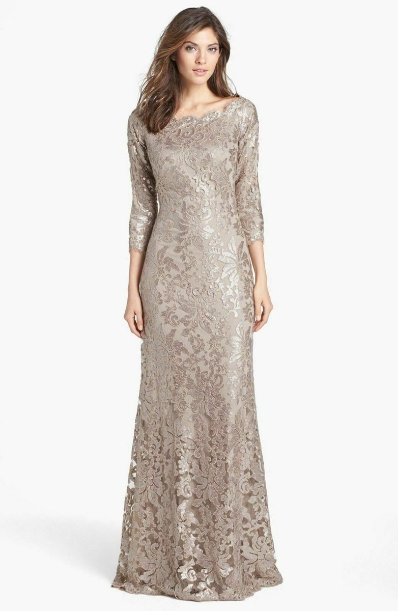 Tadashi Shoji Sequined Lace Sand Beige 3/4 Sleeve Dress Gown Tadashi Shoji Sequined Lace Sand Beige 3/4 Sleeve Dress Gown