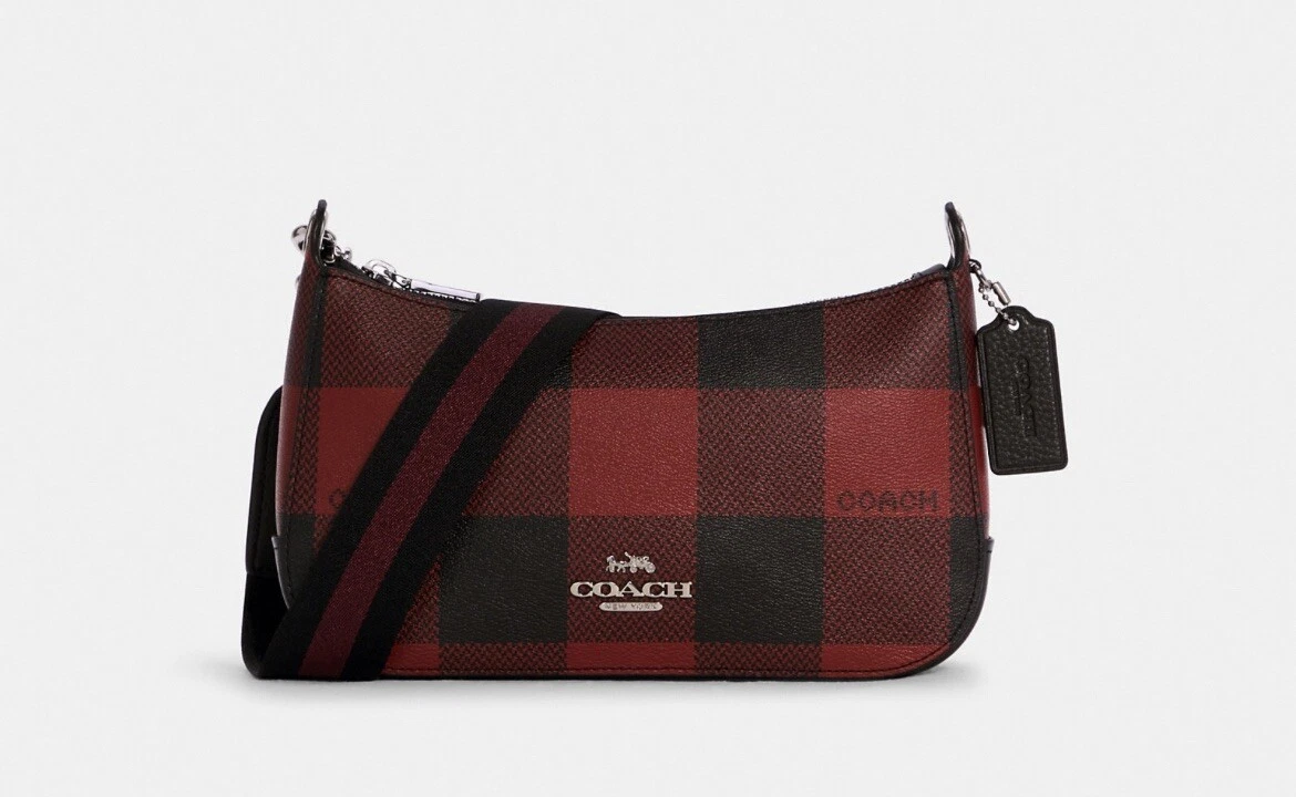NWT COACH C6818 Jes Baguette With Buffalo Plaid Print Black 1941 Red Multi