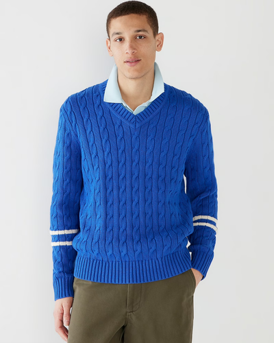 NWT J. CREW Heritage Cotton Cable-Knit V-Neck Sweater Regal Blue Ivory M-XL $118 - Picture 4 of 7