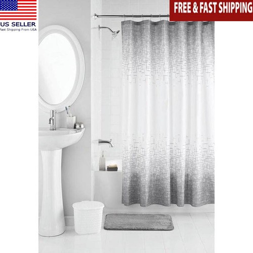 17 Piece Shower Curtain Bath Accessory Set Polyester Ceramic Hooks Rug Gray New