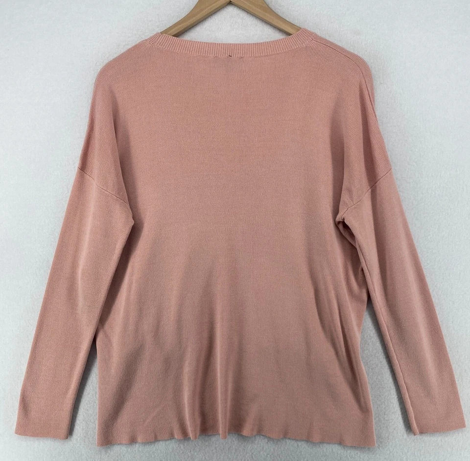 EILEEN FISHER 毛衣 M Tencel 尼龙方格长袖套衫粉色美国 — 第 3/4 张图片