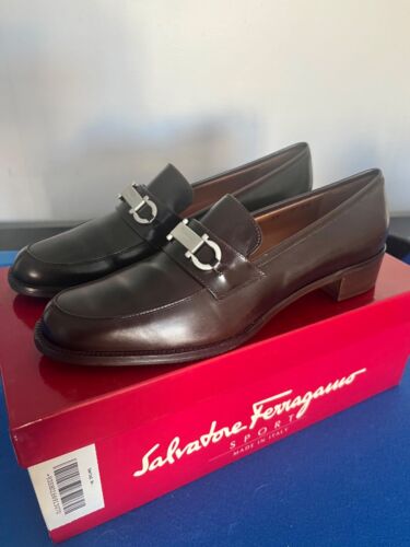 NEW Salvatore Ferragamo Sport Leather Low Heel Dress Loafer Silver Logo 7AA