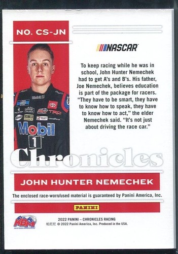 2022 Panini Chronicles Racing John Hunter Nemechek #CS-JN Patch Nascar - Picture 2 of 3