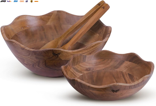 Wooden Salad Bowls Set of 2 with 2 Serving Utensils | 10" & 12 Inch Extra Large - Picture 2 of 7