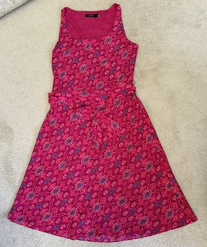 Ralph Lauren Black Label Tank A Line Dress W/Sash SZ 12 Beautiful Pattern Pink - Picture 7 of 14