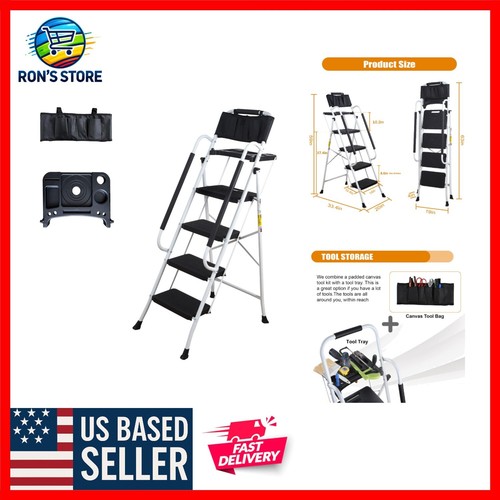Compact Folding Ladder with 4 Steps, Handrails & Tool Bag - Safe & Sturdy