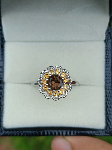 Sunflower Ring, Smoky Quartz and Citrine Ring, Sterling Silver Ring, Engagement - Picture 8 of 9