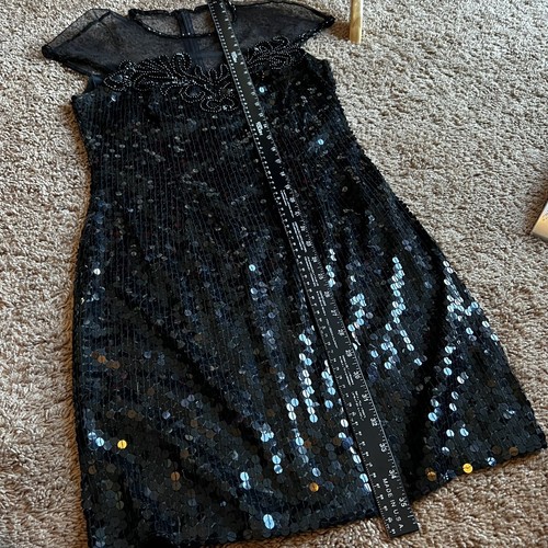 Vintage 90s Niteline Black Sequin Sheer Mesh Beaded Bodycon Cocktail Dress Sz 10 - Picture 6 of 7