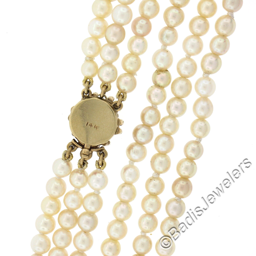 Vintage 14K Yellow Gold Round Floral Clasp Triple Strand 3.9mm Pearl Necklace - Picture 5 of 7
