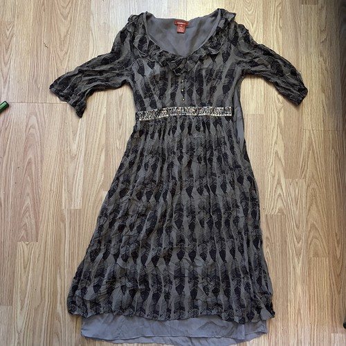 Sundance Womens Silk Midi Dress 4 Taupe Feather Print Beaded Sequin Boho Luxury - Picture 9 of 15