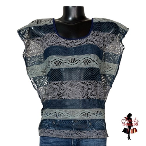 6Degrees Vintage Y2K blau grau Spitze Top hinten offen Flatterärmel Medium Shirt - Bild 2 von 6