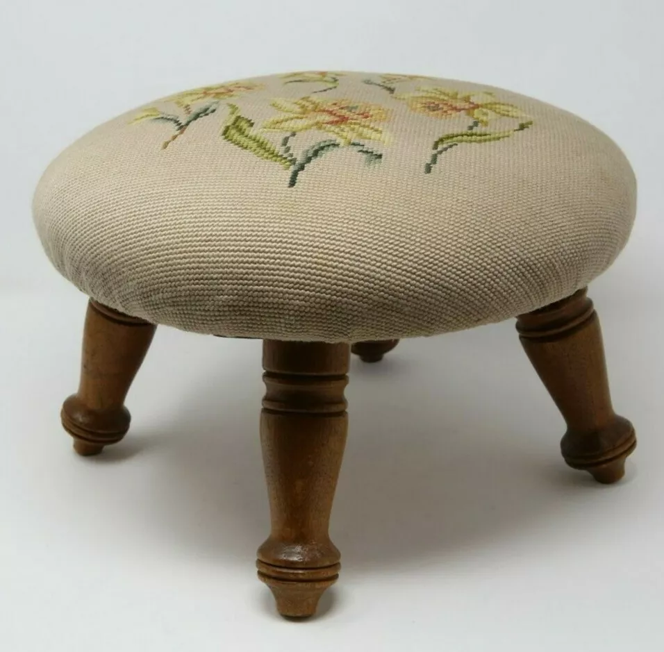 Antique Victorian Round Wooden Stool Bed Step Chair Short Small Handcrafted