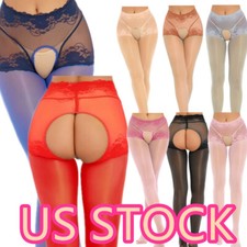  Women Shiny Sheer Crotchless Pantyhose High Waist Lace Hollow Out Tights