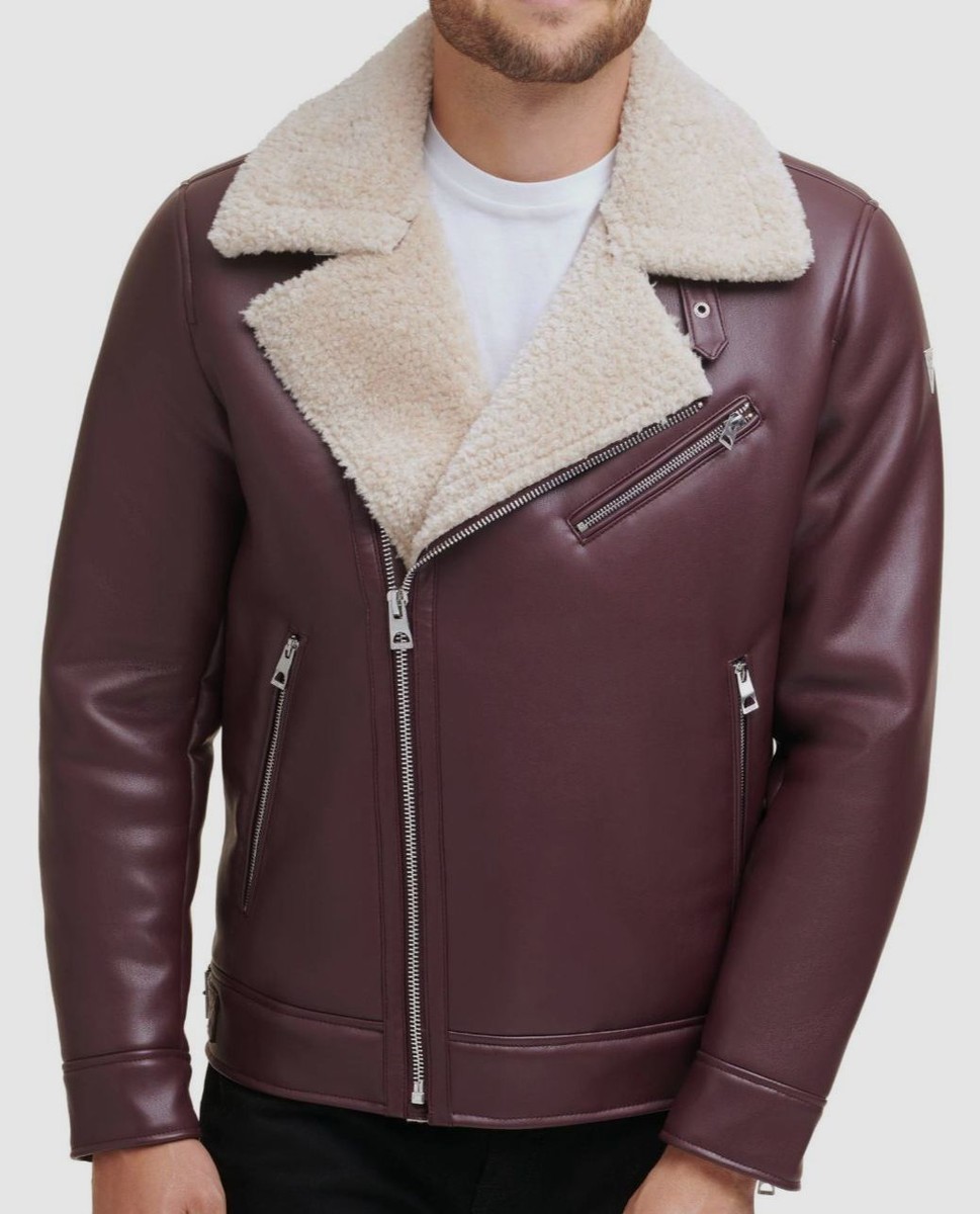 $295 Guess Men Red Faux-Leather Faux-Shearling Asymetrical