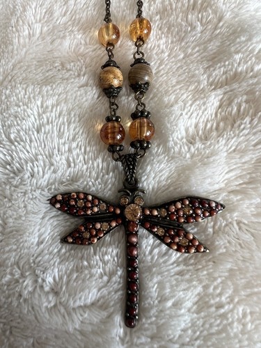Vtg Dragonfly Necklace Sterling Silver 925 Gems Stones Glass Beads Natural tones - Picture 8 of 14