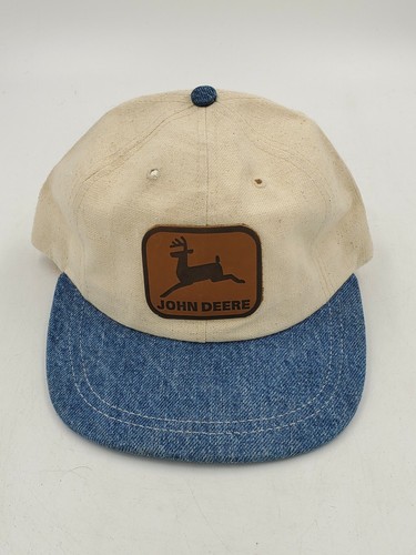 Vtg John Deere Leather Patch Denim Brim Made in USA Snapback Hat - Picture 2 of 5