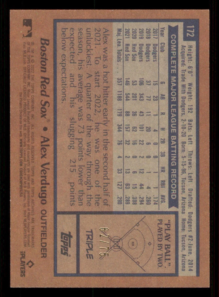 2022 Topps Archives Red #172 Alex Verdugo /75 - Image 2 of 2