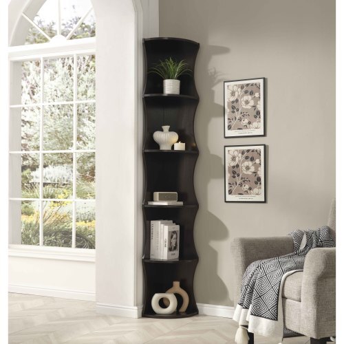 Five Shelf Corner Bookcase Rounded Shelf Fronts Quarter Circle Cocoa Color