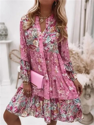 Womens Floral Boho V Neck Loose Dress Ladies Long Sleeve Summer Holiday Sundress - Picture 23 of 24
