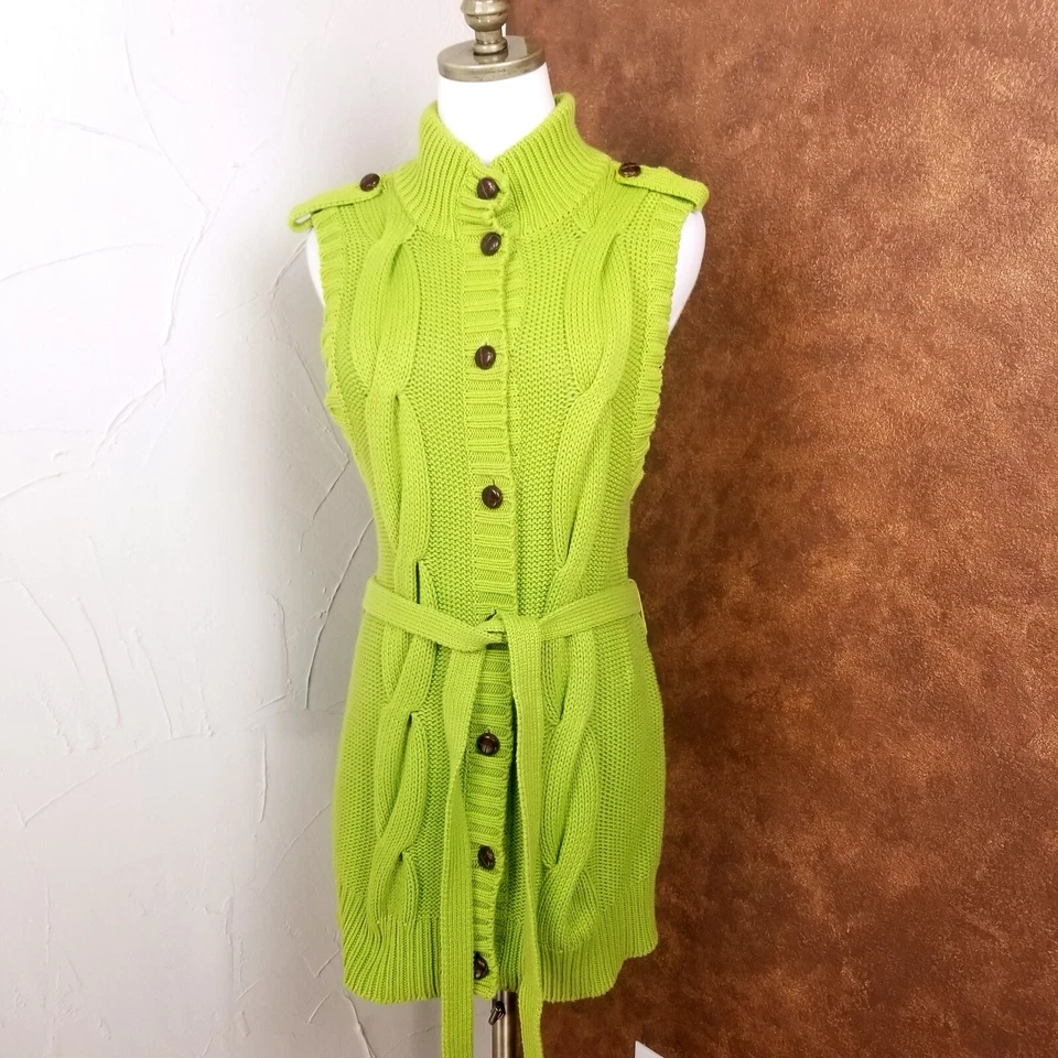 Cárdigan suéter sin mangas Peter Nygard para mujer talla M verde cinturón con botones Foto 3 de 4