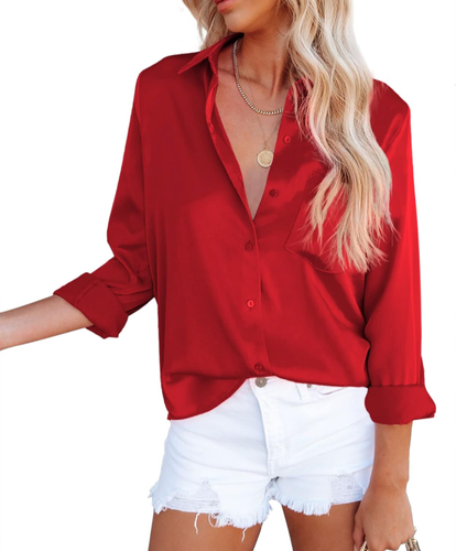 OMSJ Women's Button Down Shirts Satin V Neck Long Sleeve Casual Work Blouse - Picture 2 of 10