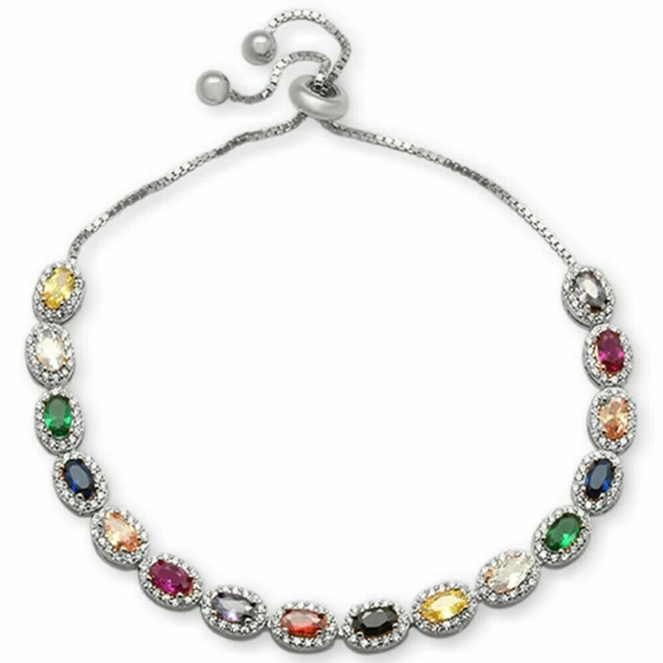 OVAL Multicolor Gemstones CZ .925 Sterling Silver Bracelet 7-9" Adustable Foto 2 de 2