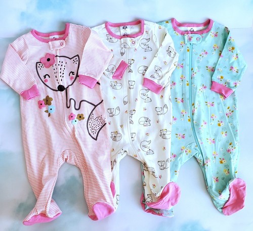 New Baby Girl Clothes 0-3 Months Gerber Sleep and Play Fox Floral Set 3pc Twins - Picture 2 of 2