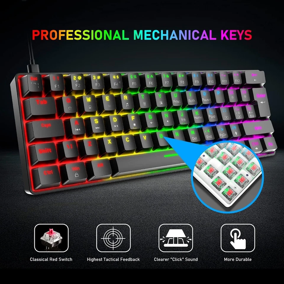 T60 UK Layout 60% Mechanical Keyboard and Mouse Set, Compact 62 Keys Mini Wired - Image 4 of 4
