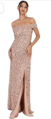 Damen Größe 14 taupe errötet Bardot funkelnde Pailletten Maxikleid ""Maya Deluxe"" brandneu mit Etikett - Bild 5 von 14
