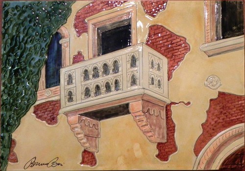 BRUNO BOVI QUADRO FORMELLE CERAMICA VERONA BALCONE DI GIULIETTA COLORI SU LEGNO - Foto 2 di 12