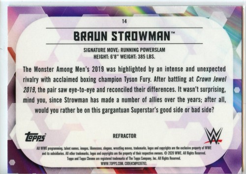 2020 Topps WWE Chrome Refractor Parallel #14 Braun Strowman - SmackDown - Picture 2 of 2