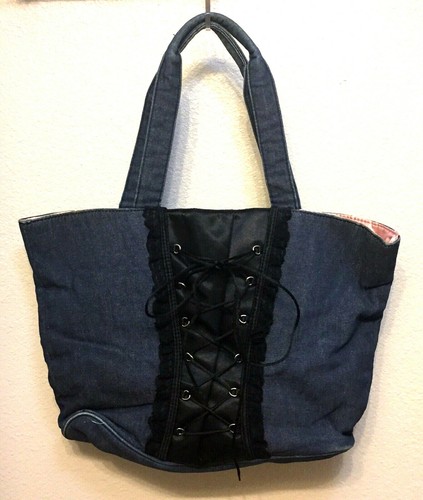 Victorias Secret Azul Jean Bolso Cubo Cartera Corsé Con Cordones Forro Rosa  - Imagen 1 de 11