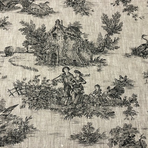 Linen Toile De Jouy Black Fabric Pastoral French Upholstery Curtains Cushion - Picture 4 of 4