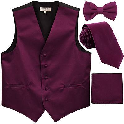 New Men's solid Tuxedo Vest Waistcoat necktie Bow tie Hankie dark  purple