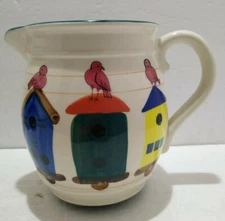 HAND PAINTED CERAMIC PITCHER with BIRD HOUSES and BIRDS
