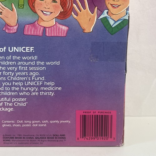 Muñeca Barbie Unicef 1989 edición especial EE. UU. cabello rubio ojos azules - Imagen 10 de 18