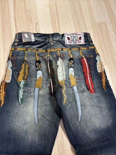 Vintage Y2K Deadstock Akademiks SET jeans piuma ricamati larghi con maglietta 30 - Foto 10 di 19