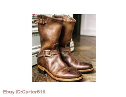 Women Mid Calf Boots Leather Extra Wide Slip on Boots Retro Punk Shoes Size Chic - Picture 7 of 29